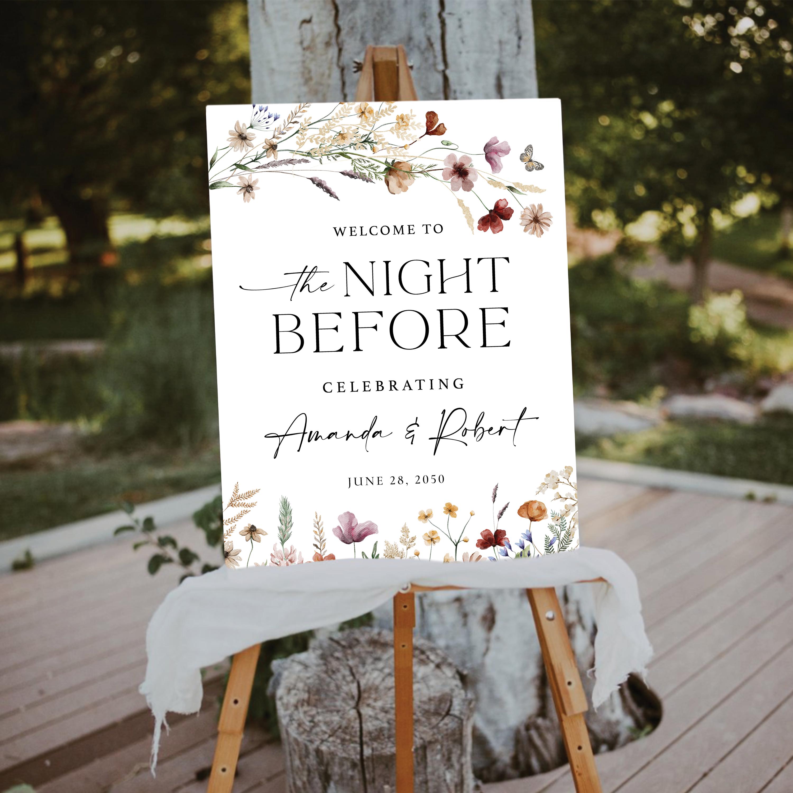 Wildflower The Night Before Welcome Sign, Boho One Day Away Sign, Wedding Rehearsal Decor, Wildflowers Rehearsal Dinner Sign, Bohemian, WF4