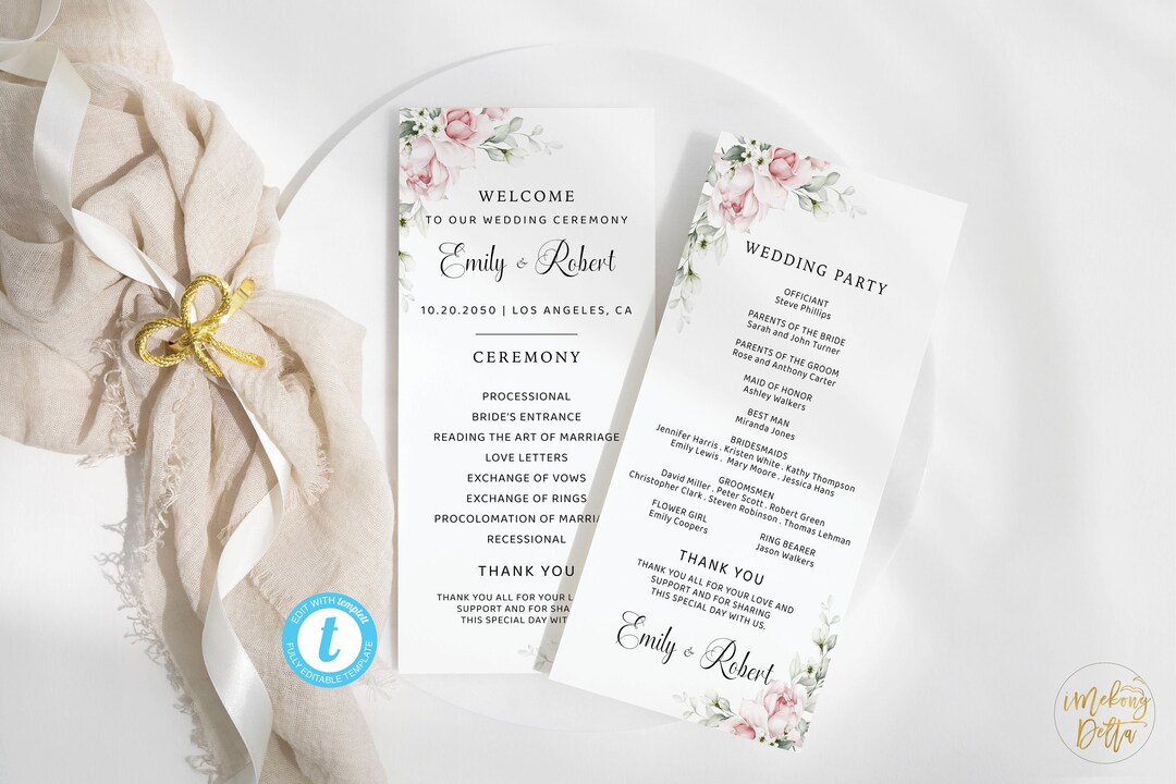 Blush Pink Roses Wedding Program Template, Blush Pink Roses Wedding ...