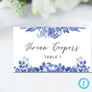 Plantilla de tarjetas de lugar de boda de porcelana azul, tarjeta de nombre de mesa, plano y tienda plegada, Templett, chinoiserie floral, flor de acuarela, BPc