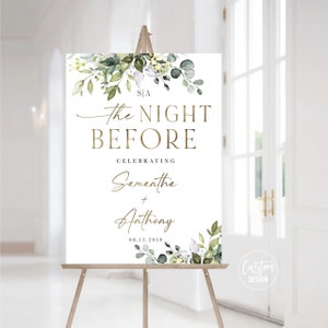 Greenery Rehearsal Dinner Welcome Sign, The Night Before Sign, Wedding Rehearsal Sign, One Day Away Welcome Sign, Eucalyptus, Herbal,HEB-22A