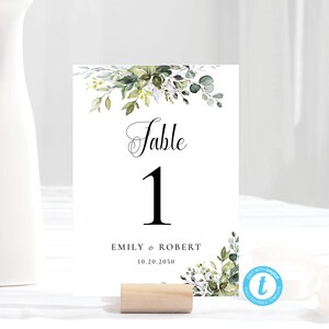 Modelo de número de mesa de casamento com vegetação, números de mesa de eucalipto para impressão, cartão de mesa de casamento para impressão, 100% editável, eucalipto, HEB-22A