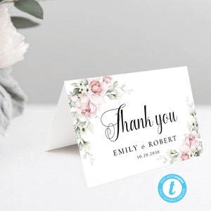 Blush Pink Roses Wedding Thank you Card, Folded Thank you Card, 100% Editable, Digital File, Templett, Blush pink roses, A2