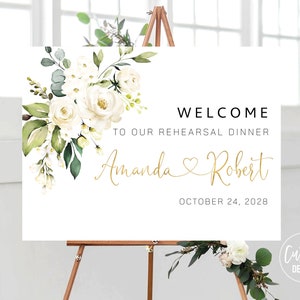 Custom Design, White Roses Rehearsal Dinner Welcome Sign, The Night Before Sign, Wedding Rehearsal Sign, Cream Roses Rehearsal Sign, WR1