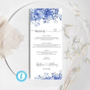 Plantilla de tarjeta de menú de porcelana azul, plantilla de menú de boda, menú de boda, Templett, editable, chinoiserie floral, flor de acuarela, BPa