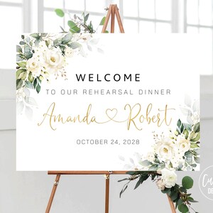 Custom Design, White Roses Rehearsal Dinner Welcome Sign, The Night Before Sign, Wedding Rehearsal Sign, Cream Roses Rehearsal Sign, WR3