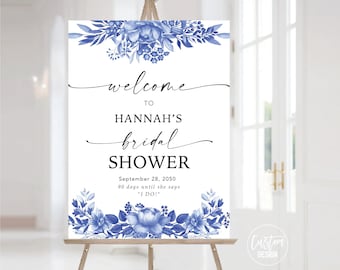 Blue Floral Bridal Shower Welcome Sign, Chinoiserie Porcelain (Digital Printable)