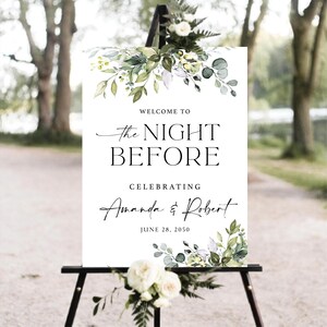 Greenery The Night Before Welcome Sign, Botanicals Wedding Rehearsal Dinner Sign, Rustic Wedding Decorations, Herbal, Eucalyptus, HEB-22A
