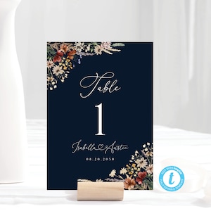 Plantilla de número de mesa de boda de flores silvestres azul marino, pequeños números de mesa florales, tarjeta de mesa de boda Boho, editable, Boho, WF3N