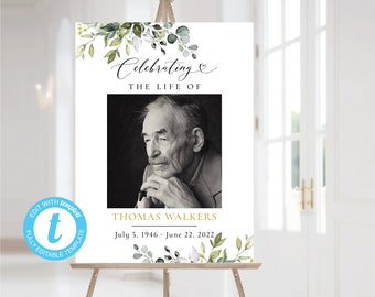 Greenery Funeral Welcome Sign, Editable Template, Eucalyptus Memorial Decoration (Digital Download)