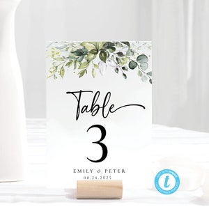 Modelo de número de mesa de casamento verde, números de mesa elegantes para impressão, cartão de mesa de casamento imprimível, 100% editável, eucalipto, HEB-22A