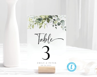 Greenery Wedding Table Number Template, Elegant Table Numbers Printable, Printable Wedding Table Card, 100% Editable, Eucalyptus, HEB-22A