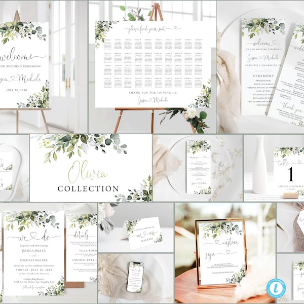 Greenery Wedding Mega Bundle Template, Wedding Mega Bundle 22 Pieces Included, Wedding Stationery, Eucalyptus, Templett, Editable, HEB-22A