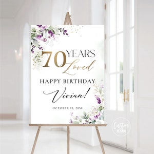 Greenery Purple 70 Jahre Loved Willkommensschild, Greenery Lavendel Alles Gute zum Geburtstag Willkommensschild, 70er Geburtstag Zeichen, alles Gute zum Geburtstag Dekorationen, GL2