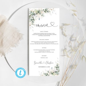 Modelo de cartão de menu de vegetação, modelo de menu de casamento rústico, menu de casamento de vegetação, menu de eucalipto, Templett, 100% editável, HEB-22C