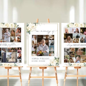 Modelli di set di cartelli per collage di foto funebri per la celebrazione della vita, cartello di benvenuto per funerali con rose bianche, cartello In Loving Memory, poster per funerali, WR3