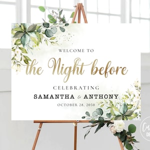 Greenery The Night Before Welcome Sign, Rehearsal Dinner Welcome Sign, Wedding Welcome Sign, Rehearsal Dinner, Eucalyptus, Herbal, HEB-22A