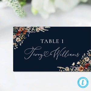Modelo de cartões de lugar de casamento de flores silvestres azul marinho, cartão de nome de mesa floral minúsculo, plano e tenda dobrada, cartão de nome de modelo, editável, WF3N