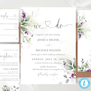 Greenery Purple Wedding Bundle Invitation Template, Green Lavender Invitation Suite, Lilac Floral Bundle, Templett, 100% Editable, GL1