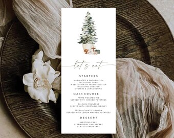 May include: A watercolor illustration of a Christmas tree with presents underneath. The text "let's eat" is written in cursive. The menu includes starters, main course, and dessert options.