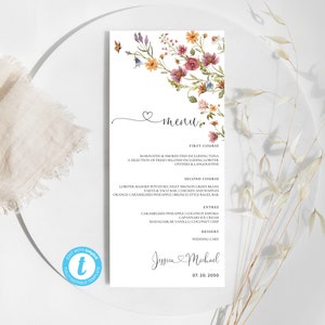 Modello di scheda menu fiori di campo, modello di menu di nozze rustico, menu di nozze nel verde, menu Boho, Templett, modificabile al 100%, WF2