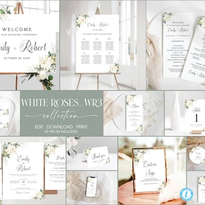 White Roses White Floral Wedding Mega Bundle Template, Wedding Mega Bundle 23 Pieces Included, Wedding Stationery, Templett, Editable, WR3