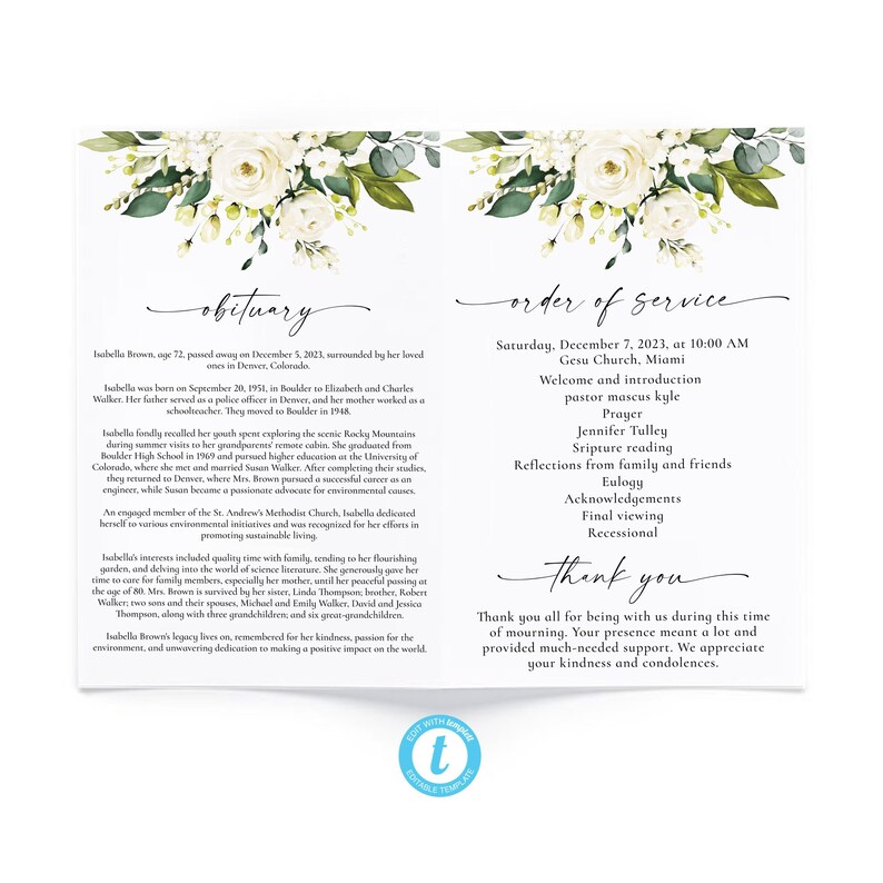 White Roses Funeral Life Program Celebration of Life Program - Etsy