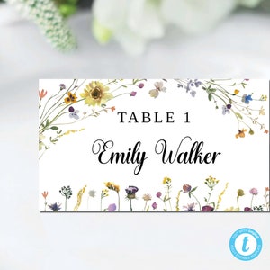 Plantilla de tarjetas de lugar de boda de flores silvestres, tarjeta de nombre de mesa, plano y tienda plegada, tarjeta de nombre de plantilla, tarjeta de lugar imprimible, editable, WF1