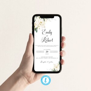 Weiße Rosen elektronische Hochzeitseinladungsvorlage, Hochzeitseinladung, iPhone, umweltfreundlich, digital, 100% bearbeitbar, Boho, WR3