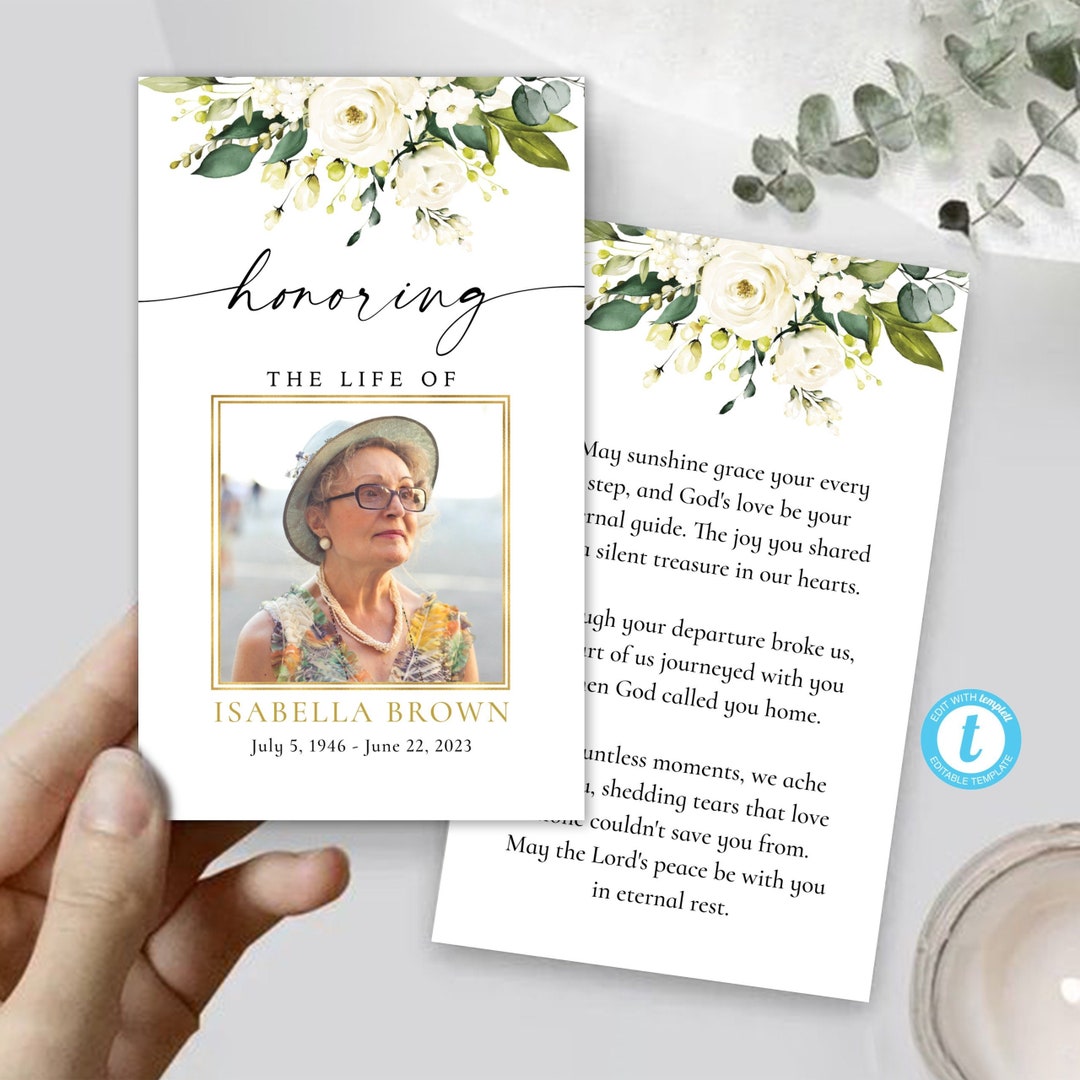 White Floral Funeral Prayer Card Editable Template Greenery Catholic 