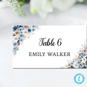 Plantilla de tarjetas de lugar de boda Boho azul, tarjeta de nombre de mesa, plana y carpa plegada, tarjeta de nombre de plantilla, tarjeta de lugar imprimible, editable, BOH-22B