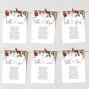 Plantilla de boda de tabla de asientos colgantes de Poinsettia roja, signo de tabla de asientos de boda, plantilla de tarjeta, imprimible, editable, Templett, CHS2