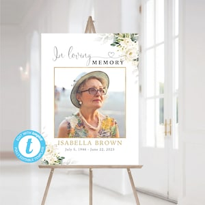 Cartello di benvenuto funebre con rose bianche, decorazione per la celebrazione della vita, grande cartello funebre, cartello commemorativo, decorazione funebre, Templett, modificabile, WR3
