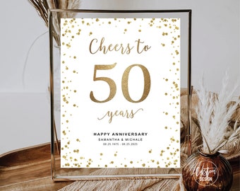 Modern Cheers to 50 Years Sign, Minimalist Wedding Anniversary, Gold & Confetti (Digital Printable)