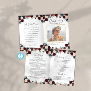 May include: A burgundy and blue floral funeral program with a photo of a woman in a hat and a gold frame. The program includes the text "Celebrating the Life of Isabella Brown" and the dates "08.20.1945 - 02.21.2023". The program also includes an obituary and order of service.