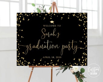 Letrero de bienvenida para fiesta de graduación en negro y dorado, decoración minimalista (impresión digital)