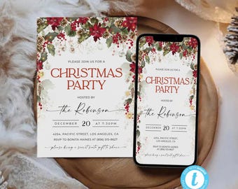 May include: A printable Christmas party invitation with a red and green floral design. The invitation says "Please join us for a Christmas Party" and includes the date, time, and location of the party. It also says "Hosted by The Robinson" and asks guests to bring a secret Santa gift to share.