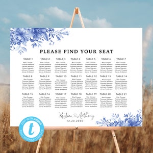Plantilla de signo de bienvenida de tabla de asientos de boda de porcelana azul, tabla de asientos, editable, Templett, chinoiserie floral, flor de acuarela, BPa