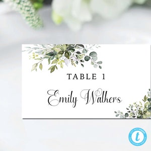 Modelo de cartões de lugar de casamento com vegetação, cartão de nome de mesa, plano e tenda dobrada, cartão de nome de modelo, cartão de lugar imprimível, editável, HEB-22A