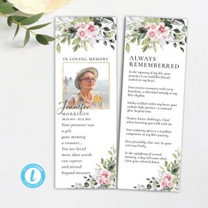 Marque-page pour funérailles roses roses rose poudré, cartes souvenir funéraire, carte commémorative du souvenir, marque-page célébration de la vie, GB1