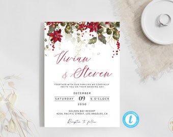 Christmas Wedding Invitation, Editable Template, Red Poinsettia and Lights (Digital Download)