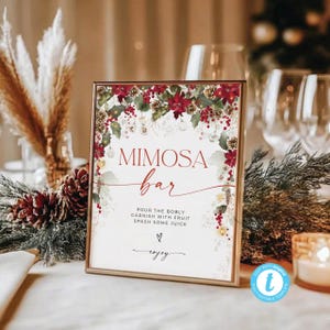 Christmas Mimosa Bar Sign, Holiday Mimosa sign, Bridal Shower Mimosa Sign Printable, Editable Mimosa Bar Sign, Poinsettia and Lights, CHS3