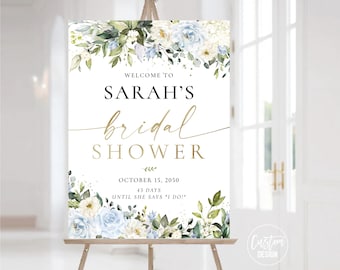 Blue Floral Bridal Shower Welcome Sign, Printable Greenery Bridal Shower Welcome Poster, White Flowers Bridal Shower Sign, Digital File, BG1