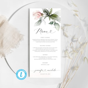 Plantilla de tarjeta de menú de rosas rosa rubor, Plantilla de menú de boda rústica, Menú de boda rosa rubor, Tarjeta de menú, Templett, 100% editable, A1