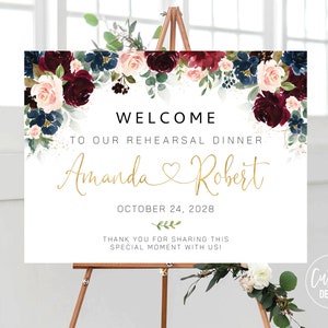 Custom Design, Burgundy and Navy Rehearsal Dinner Welcome Sign, The Night Before Sign, Wedding Rehearsal Sign, Wedding Decorations, BN1