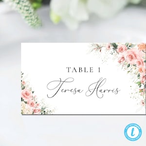 Modelo de cartões de lugar de casamento floral ensolarado, cartão de nome de mesa de rosas rosa blush, plano e tenda dobrada, cartão de nome de modelo, floral ensolarado, BSF1