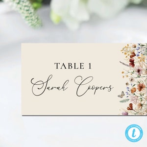 Modelo de cartões de lugar de casamento de flores silvestres Boho, cartão de nome de mesa floral minúsculo, plano e dobrado em barraca, cartão de nome de modelo, editável, WF3B