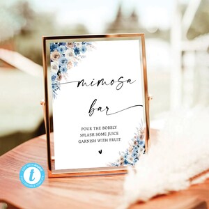 Blue Boho Mimosa Bar Sign, Minimalist Wedding Sign, Wedding Mimosa Bar Sign, Bridal Shower Mimosa Bar Sign, Bohemian, BOH-22B