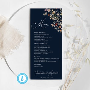 Marineblauwe wilde bloemen bruiloft menu kaartsjabloon, kleine bloemen bruiloft menusjabloon, wilde bloemen bruiloftsmenu, Boho, Templett, WF3N