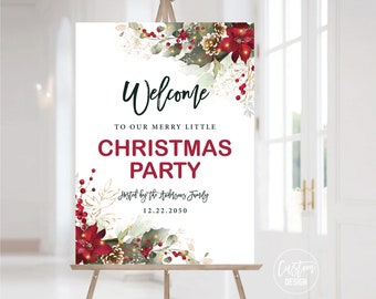 May include: A white welcome sign with a red and green Christmas floral design. The sign says "Welcome to our merry little Christmas Party" and "Hosted by the Andersons Family 12.22.2050".