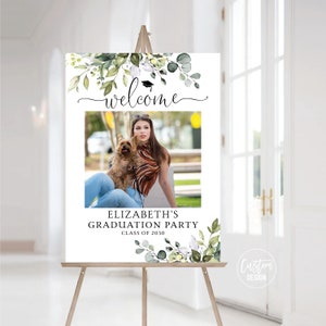 Custom design, Greenery Graduation with photo Welcome Sign, Photo Graduation Poster, Gold Glitter, Graduation Decor, Graduation Party Sign